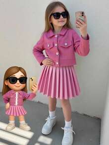 Elladie kids Girls'Fashion Light Pink Corduroy Jacket + Pleated Leather Skirt Set,Back-To-School Autumn Career Day Outfit For 4-7 Years Old,Solid Long Sleeve,Gift - Pink - View 1