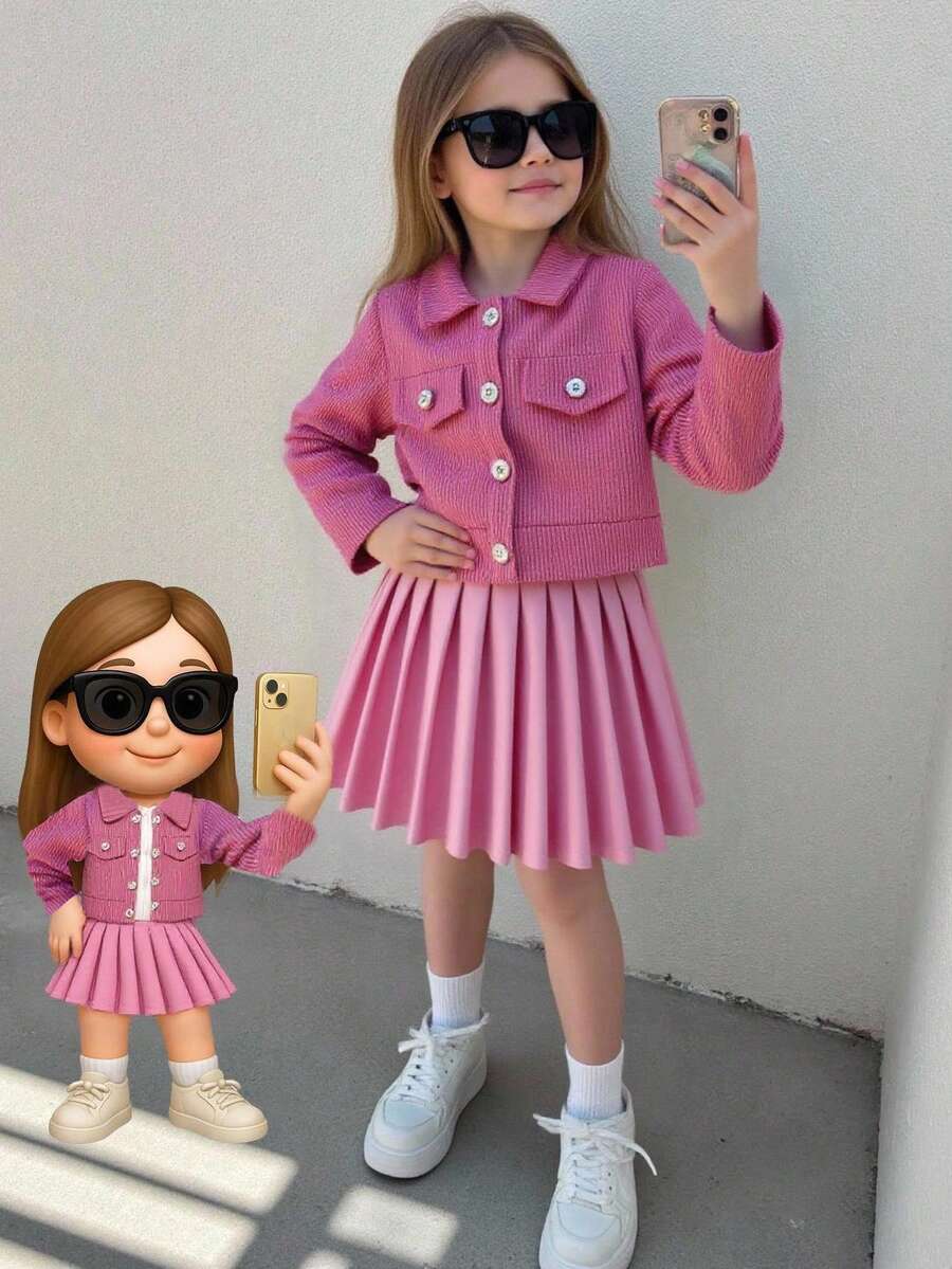 Elladie kids Girls'Fashion Light Pink Corduroy Jacket + Pleated Leather Skirt Set,Back-To-School Autumn Career Day Outfit For 4-7 Years Old,Solid Long Sleeve,Gift - Pink - View 1
