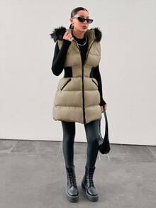 Padded Vest With Furry Hood And Adjustable Waist, Two Side Pockets, Thick And Fashionable Puffer Jacket, Quilting Details - Beige - View 3