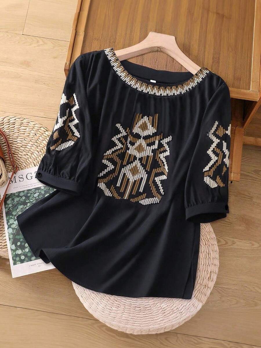 SHEIN Franclia 复古刺绣半袖圆领休闲衬衫 - 黑色 - 查看 1