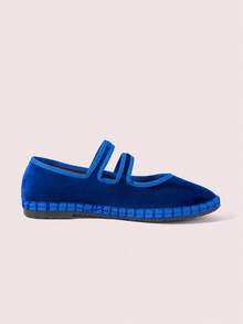 CUCCOO DOLLMOD Women's Navy Blue Elegant Velvet Classic Comfortable Velvet Parallel Double Strap Mary Jane Flat Shoes - Royal Blue - View 3