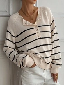 DAZY Casual Striped Sweater For Women, Round Neck, Slimming, Versatile, Autumn/Winter - Beige - View 4