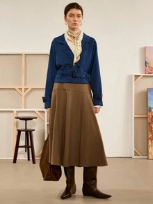 Chiquease Women's Autumn/Winter Bohemian Versatile British Style Loose Cinched Waist Waist Lapel Long Sleeve Casual Jacquard Short Windbreaker - Blue - View 3