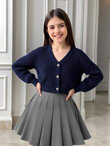 Tween Girls Casual Everyday Simple Solid Color Ribbed Knit Cardigan, Autumn/Winter - Royal Blue - View 10