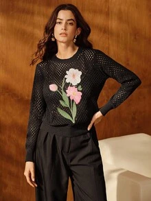 Anewsta Elegant French Style Floral Embroidery Hollow Out Crew Neck Sweater, Autumn/Winter
