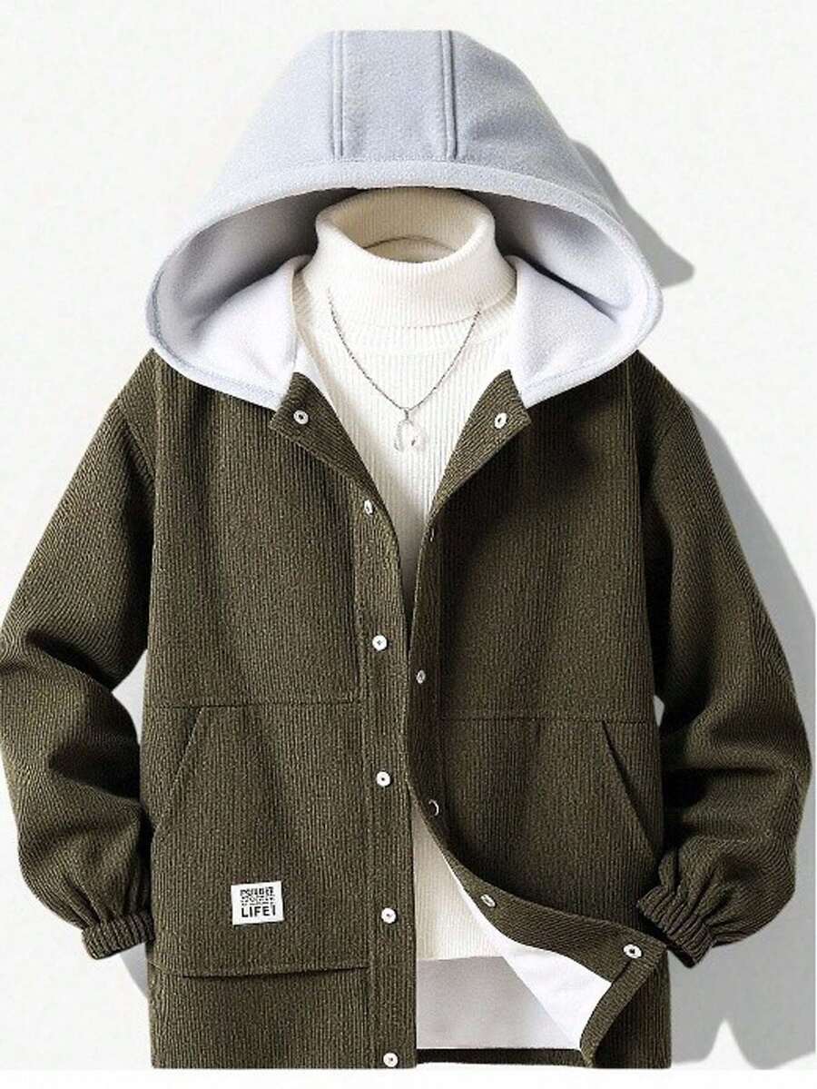 SHEIN Teen Boys' Casual Contrast Color Hoodie Jacket,Autumn,Y2k,Graduation,Back-To-School Comfortable Versatile Pockets Clothes For Winter Fall Sports Party - Green - View 1