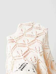 Uhlyne Uhlyne Fall Women Clothes Women's Solid Color Loose Casual Vacation Beach Elegant Slit Hollow V-Neck Flare Sleeve Knit Sweater Top Cream Blouse Knitted Sweater - Apricot - View 7