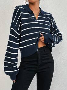 SHEIN Unity 女士棕色条纹休闲针织衫 | 独立日日常穿着 Polo 领上衣 - 藏蓝色 - 查看 4