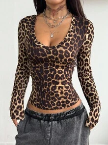 Coolane Women's Fall Vintage Going Out Streetwear Leopard Graphics Comfortable Stretchy Long Sleeve V-Neck T-Shirt,Leopard Print Top,Cheetah Print Top,Leopard Print Top - Multicolor - View 6