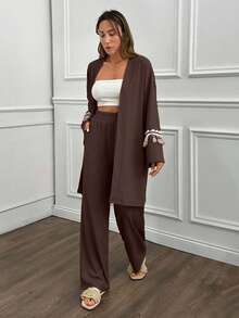 EURMUSE Women, Spring, Summer, Two Set, Kimono, Pant, Trims, Tassel, Elastic Bant, Comfortable, Crinkle Fabric - Brown - View 4