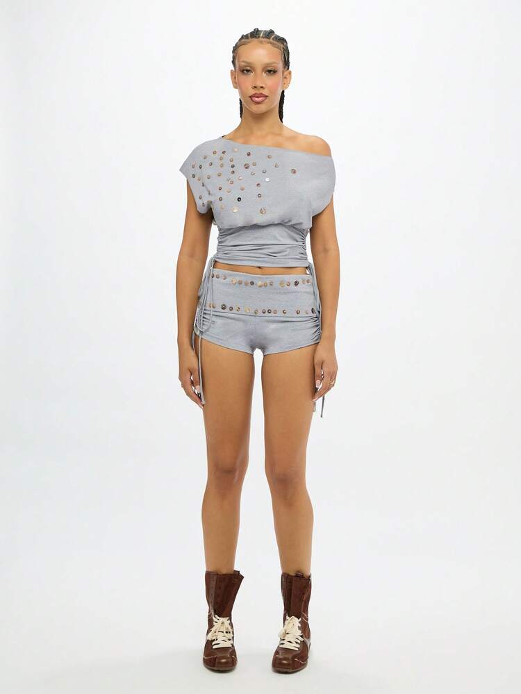 SUMWON WOMEN Blusa de malha franzida com ombros de fora e detalhes de botões