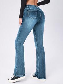 SHEIN Cottnline سراويل جينز نسائية ذات خصر منخفض وجرس واسع مع جيوب للاستخدام اليومي - ازرق ضبابي - مشاهدة 2