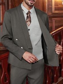 Manfinity Bizformal 1 件男士灰色双排扣西装外套，商务休闲正装，时尚通勤百搭西装外套，送给丈夫、男朋友的首选男士双排扣西装外套双排扣西装外套男士男士西装外套 - 咖啡棕 - 查看 8