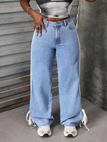 Slaydiva Plus Contrast Tape Side Knot Side Wide Leg Jeans - Blue - View 7