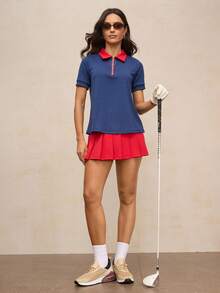 Activina Women's Contrast Color Short Sleeve Zipper Design Casual Fitness Sports Polo Shirt - Blue - View 4