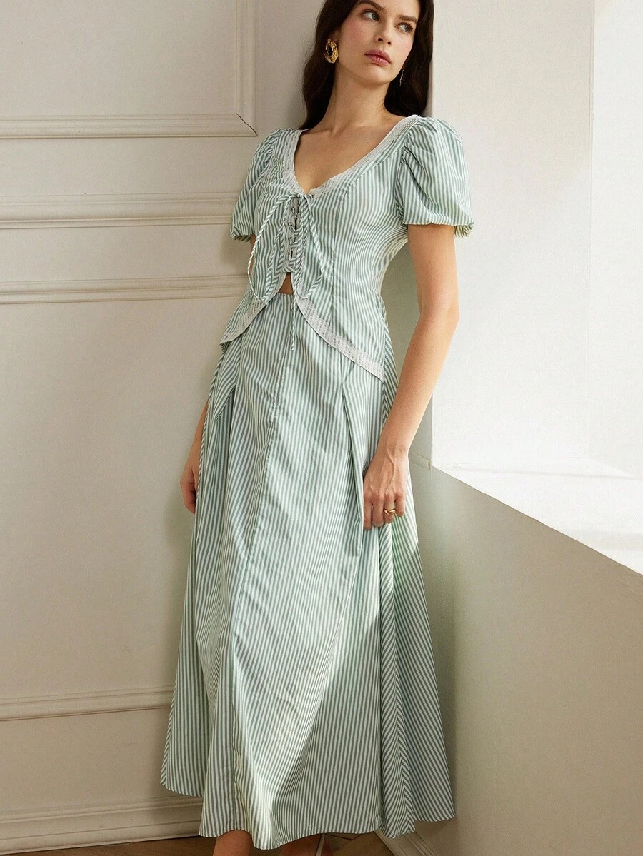 EMERY ROSE Váy Oktoberfest gợi cảm tay phồng kẻ sọc cổ khoét sâu eo bó sát - màu xanh lá - Xem 1