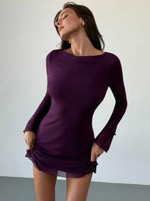 Aloruh Women's Sexy Backless Mesh Vintage Purple Mini Bodycon Fitted Dress, Autumn/Winter - Purple - View 3