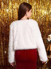 SHEIN Pitira 少女纯色梭织毛绒面料开襟长袖短款常规外套 白色外套 少女白色毛绒外套 少女人造毛绒外套 白色开衫 少女外套 适合少女的可爱外套 适合青少年的秋冬季