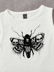 Y2Kool Robin 艺术家风格暗黑骷髅蝴蝶印花露脐背心，夏季适用，95%纯棉，适合假日、度假、春季、海滩、外出、音乐节、伊比沙岛等场合，秋季搭配灵感，休闲时尚服装系列，新年装扮，辣妹风印花上衣，白色上衣，春季女装，Y2K狂欢节服装。 - 白色 - 查看 4