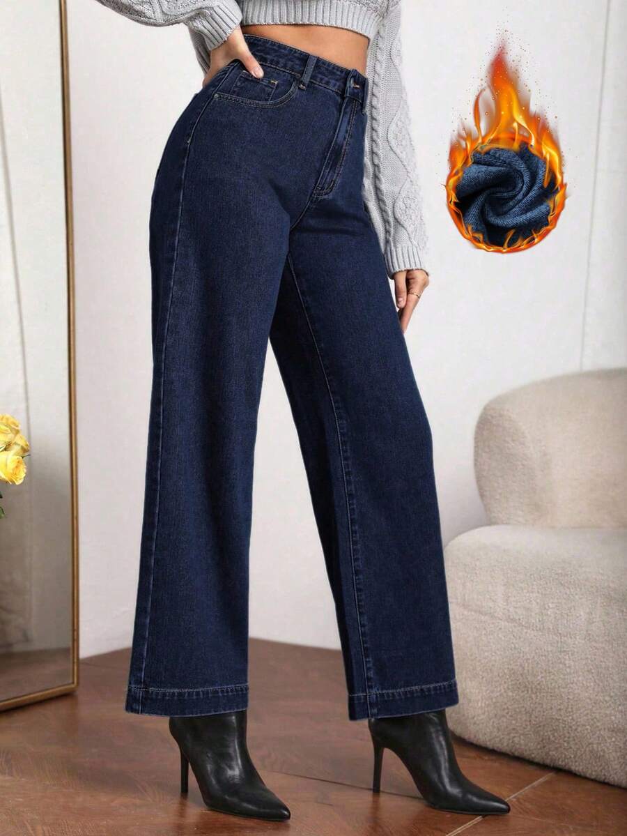 SHEIN Essnce Women's High Waist Thermal Lined Jeans Navy Blue Autumn Everyday Casual Street Patchwork Pocket Relaxed Fit Wide Leg Baggy Loose Denim Trousers - Blue - View 1