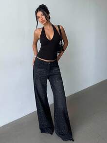 Aloruh Retro Sexy Slim Fit Washed Rhinestone Embellished Wide Leg Jeans Jeans Glittersparkle Jeansrhinestone Jeans, Fall Women Clothes - Black - View 8