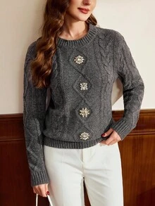 Vintamour Women's Diamond Drawstring Crew Neck Sweater Fall Sweater Gray Sweater Fall For Women Winter Christmas Women's Winter Sweater Autumn For Women Christmas For Women Christmas Sweater Thanksgiving For Women Casual For Women - Grey - View 6