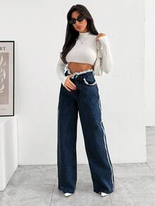 Hochsitzende Weite Jeans mit ausgefranstem Tasche