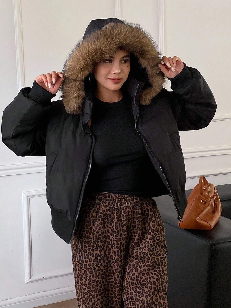 Livesso Furry Hooded Loose Cropped Women Padded Coat Winter Jacket - Black - View 1