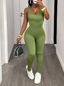 Slaydiva Macacão feminino de cor sólida, decote halter, sem costas, slim fit, sexy - Verde Azeitona - Ver 6