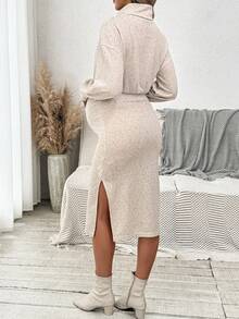 SHEIN Maternity Autumn Casual Photoshoot Dress,Pregnant Women's Solid High Neck Long Sleeve Split Thigh Beige Dress,Fall Pregnancy Outfits Dress - Grey - View 2