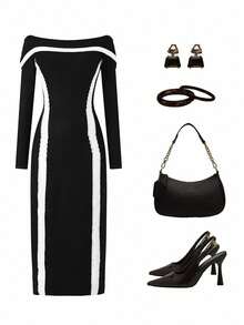 Franclia Vestido ajustado sin tirantes con diseño de bloques de color y rayas de manga larga