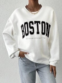 EURMUSE 100%Cotton Letter Graphic Drop Shoulder Sweatshirt - White - View 3
