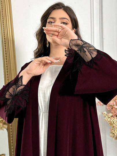 Al Najma 加大码女式花卉刺绣网眼长袍，阿拉伯风格，全长前开式长袍，适合日常休闲/节日/婚礼派对/晚会