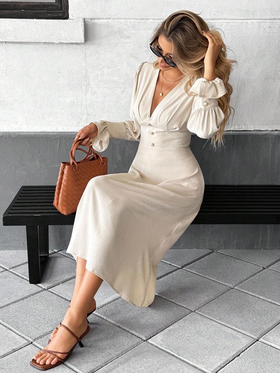 SHEIN Frenchy 女士优雅纯色长袖中长连衣裙，适合通勤 - 杏色 - 查看 1