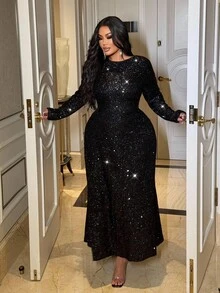 NU&NOW 大码女式纯色圆领长袖美人鱼下摆亮片装饰派对连衣裙 - 黑色 - 查看 3