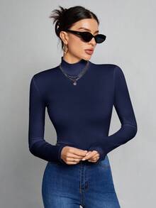 SHEIN Tall Simple Solid Color Slim High Collar White Top Suitable For Autumn And Winter,Fall - Navy Blue - View 4