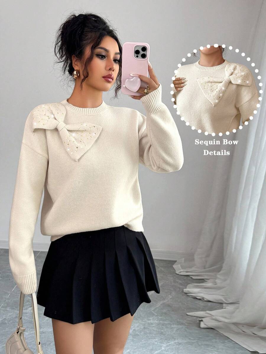 Elenzga 女士宽松休闲圆领亮片蝴蝶结装饰纯色毛衣 - 杏色 - 查看 1