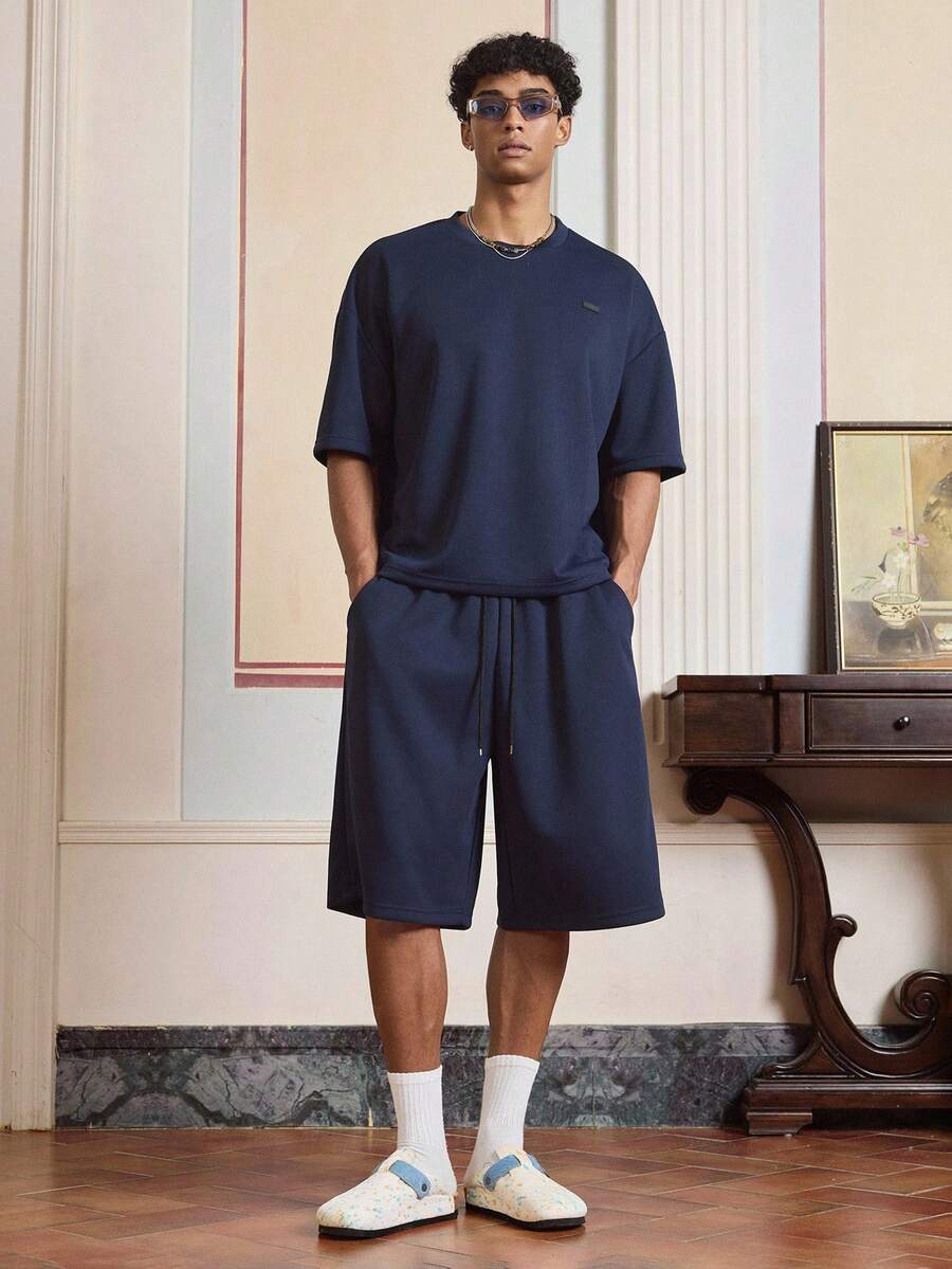 SWAVVY Men's Casual Solid Color T-Shirt And Shorts Set, Summer - Royal Blue - View 1
