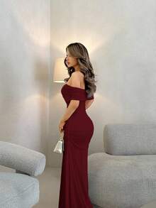 Jemour Women's Off Shoulder Gathered Waist Ruffle Hem Elegant Long Dress, Suitable For Wedding, Date Occasions - Burgundy - View 4