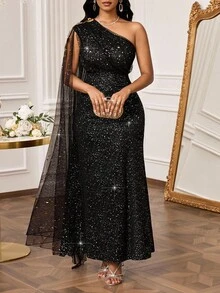 SHEIN Lady Women's Elegant Sequin Floral Decor Mesh Patchwork Sleeveless Dress, Summer - Black - View 3