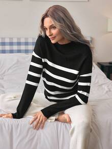 Louniche Striped Pattern Drop Shoulder Sweater - Black - View 1