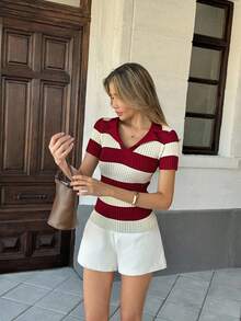 Pariaura Kontrast Streifenpolohemd, französischer Street-Style, Kurzarm Sommer Bluse