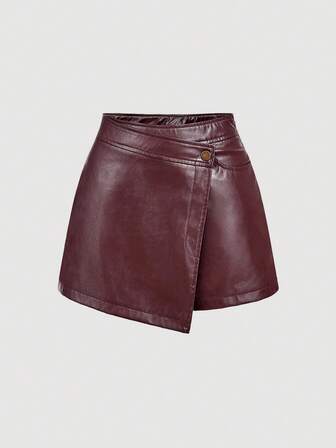 SHEIN MOD Vintage Burgundy Asymmetrical Faux Layered Shorts - Preppy Style, 70s, Casual, Comfortable, Commuting, Old Money Aesthetic, Perfect For School Attire, Teaching Outfits, And Office Wear