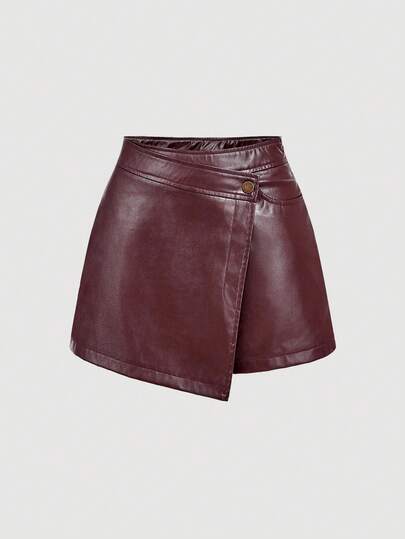SHEIN MOD Vintage Burgundy Asymmetrical Faux Layered Shorts - Preppy Style, 70s, Casual, Comfortable, Commuting, Old Money Aesthetic, Perfect For School Attire, Teaching Outfits, And Office Wear
