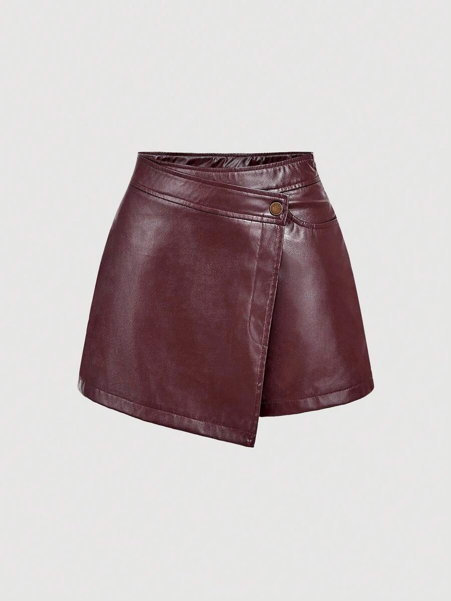 SHEIN MOD Vintage Burgundy Asymmetrical Faux Layered Shorts - Preppy Style, 70s, Casual, Comfortable, Commuting, Old Money Aesthetic, Perfect For School Attire, Teaching Outfits, And Office Wear - Burgundy - View 1