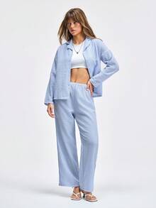 LOUNGEISTA 2pcs/Set Women's Striped Button-Front Long Sleeve Pajamas With Straight Leg Elastic Waist Pants, Home Wear,Two Pieces Set, Light Blue Pajamas, Fall Clothes - Blue - View 5