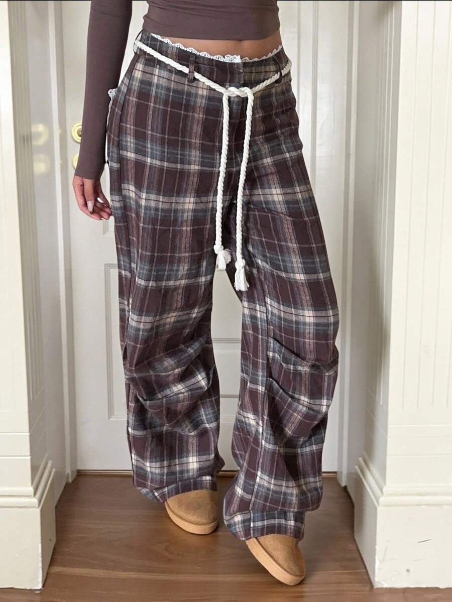 SHEIN EZwear Women's Fall Autumn And Winter Clothing Retro Casual Home Leisure Brown Kaluli Brushed Plaid Retro Lace Stitching Brown Plaid Pleated Pants - Brown - View 1