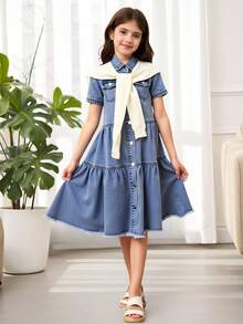 Tween Girls Y2K Style Denim Dresses, Vintage Patchwork Denim Color Block Design, Waist Cinched Details, Casual & Fashionable Simple Denim Dress For Girls, Spring/Summer, School, Campus, College - Medium Wash - View 5