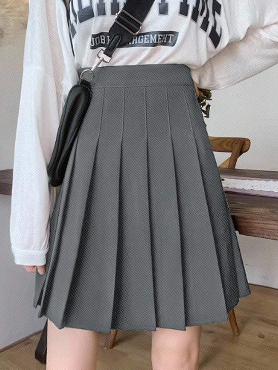 FRIFUL 女式黑色 A 字褶中长裙，学院风，夏季服装 - 灰色 - 查看 1