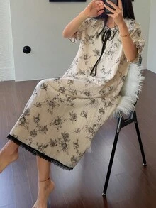 DAZY 印花撞色系带荷叶边长款女士睡袍睡衣，宽松睡裙 - 米色 - 查看 6